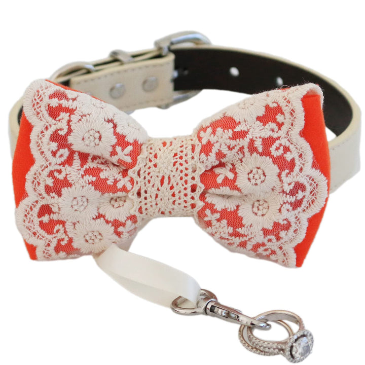 Coral ring bearer dog bow tie collar with floral lace embroidery, attached wedding ring holder ribbon, and adjustable vegan leather collar for weddings and formal events
