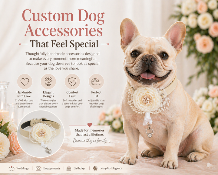 French Bulldog wearing an ivory floral dog collar with pearl accents and ring bearer charm.