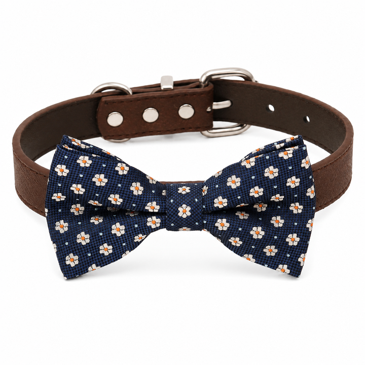Navy blue daisy floral dog bow tie collar with brown vegan leather collar and silver-tone hardware