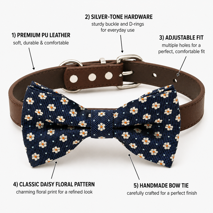 Dog bow tie collar feature guide showing daisy floral pattern, brown vegan leather collar, silver-tone hardware, adjustable fit, and handmade craftsmanship