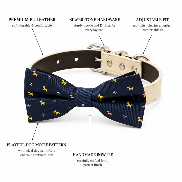 Dog bow tie collar feature guide showing playful dog motif pattern, cream vegan leather collar, silver-tone hardware, adjustable fit, and handmade craftsmanship