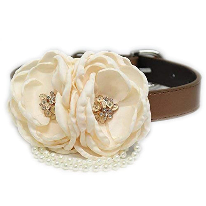 Dog collar with twin ivory fabric flowers, crystal floral centerpieces, pearl accents, and brown vegan leather collar.