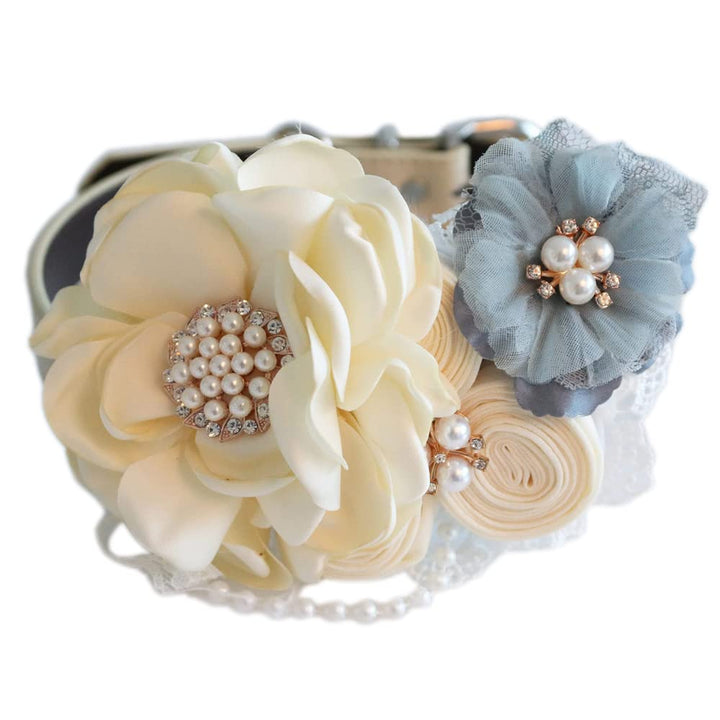 Ivory and dusty blue floral dog collar featuring pearl centerpiece, lace accents, and decorative handmade flower design.