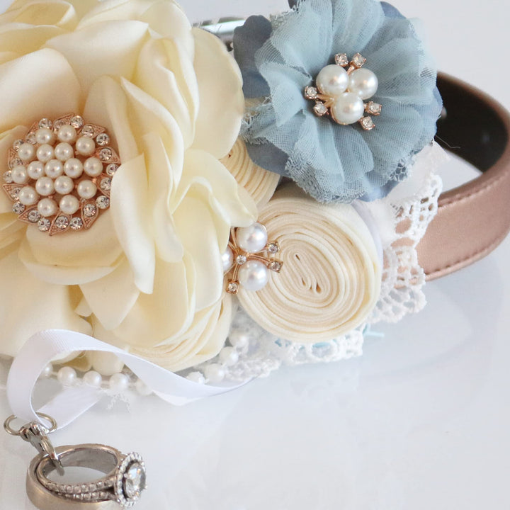 Ivory and dusty blue ring bearer dog collar with pearl floral centerpiece, lace details, and removable ribbon ring holder.