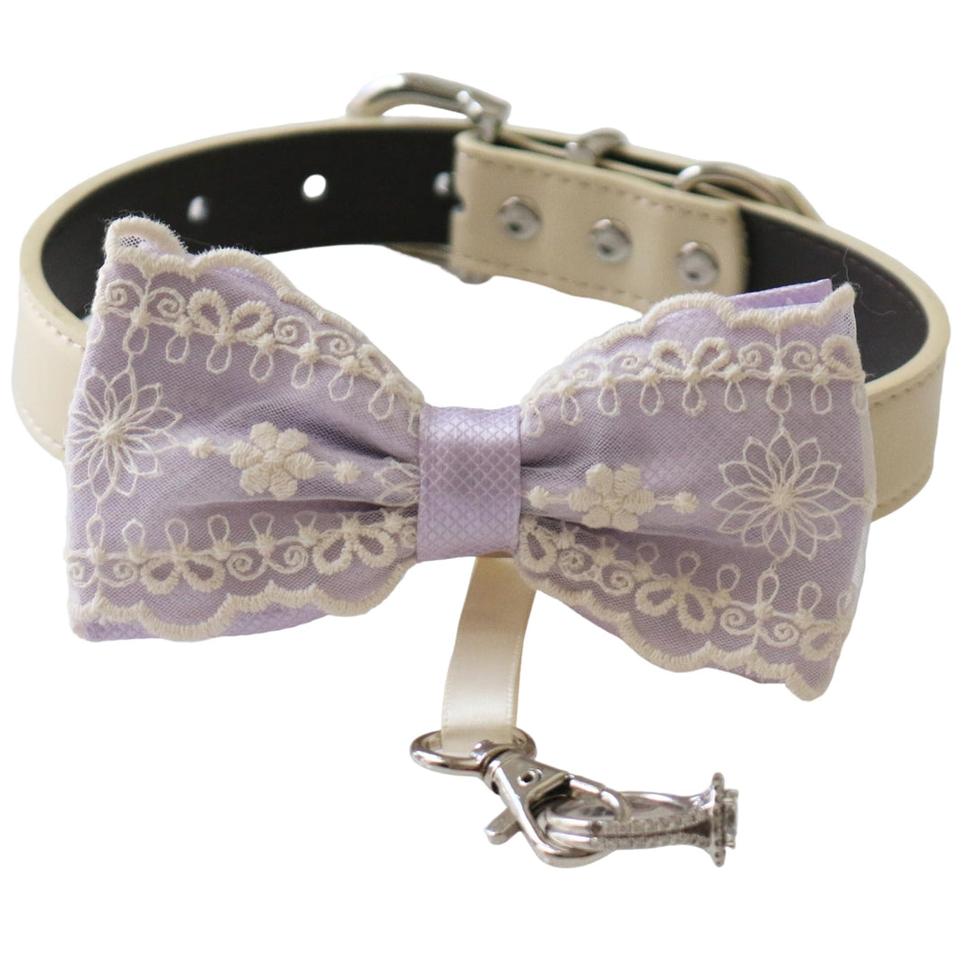 Dusty lavender lace ring bearer dog bow tie collar with embroidered floral lace overlay, lavender center band, vegan leather collar, and attached wedding ring holder ribbon