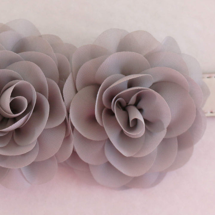 Close-up of dusty lilac double rose flower dog collar with layered chiffon petals and handcrafted floral design.