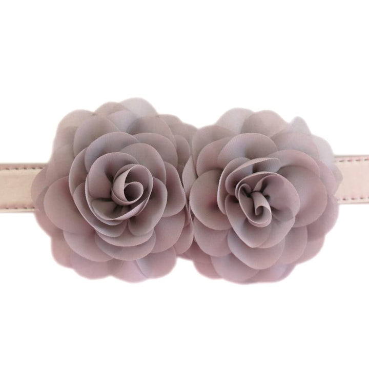 Dusty lilac double rose flower dog collar featuring two handcrafted chiffon roses attached to a vegan leather collar.