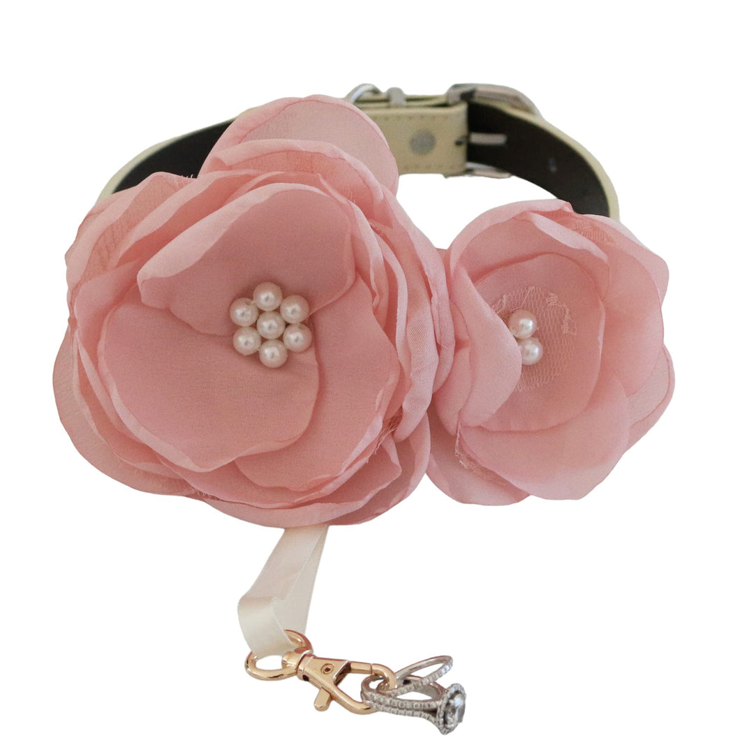Dusty pink ring bearer dog collar featuring handmade fabric flowers, pearl center accents, vegan leather collar, and decorative ring holder charm