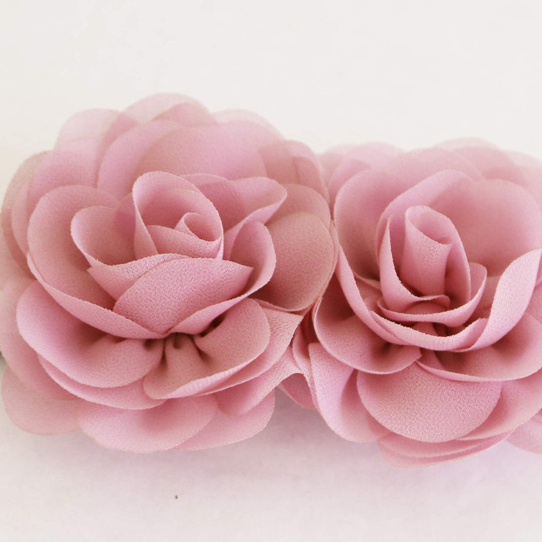 Dusty rose double flower dog collar with handmade layered fabric roses on a light vegan leather collar