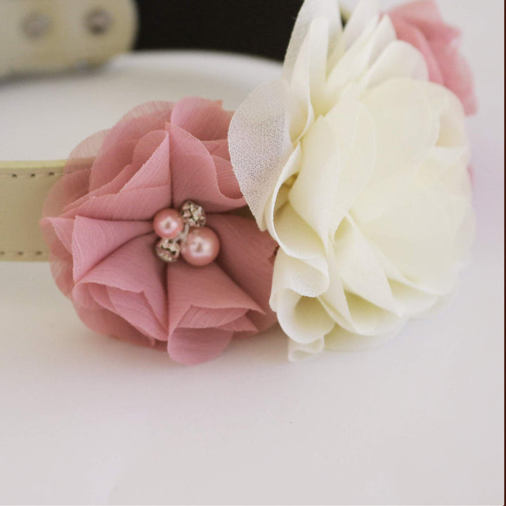 Dusty rose fabric flower detail with pearl and crystal center on handmade dog wedding collar.