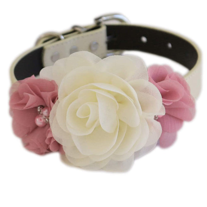 Ivory flower dog collar with dusty rose side flowers and decorative pearl accents for weddings and special occasions.
