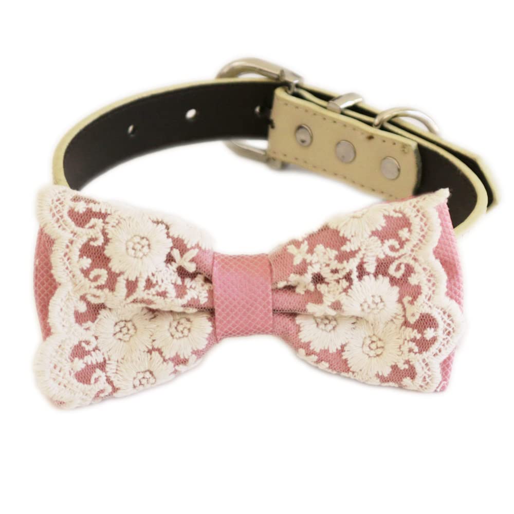Dusty rose lace dog bow tie collar with ivory vegan leather collar and elegant floral embroidered lace detailing