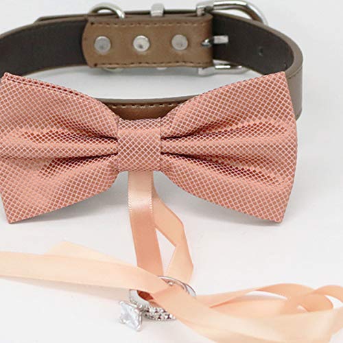 Dusty rose ring bearer dog bow tie collar with textured bow tie, brown vegan leather collar, and ribbon ring holder detail