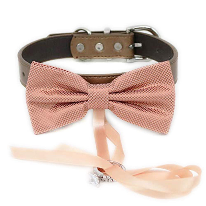 Dusty rose ring bearer dog bow tie collar with brown vegan leather collar and attached ribbon ring holder accessory