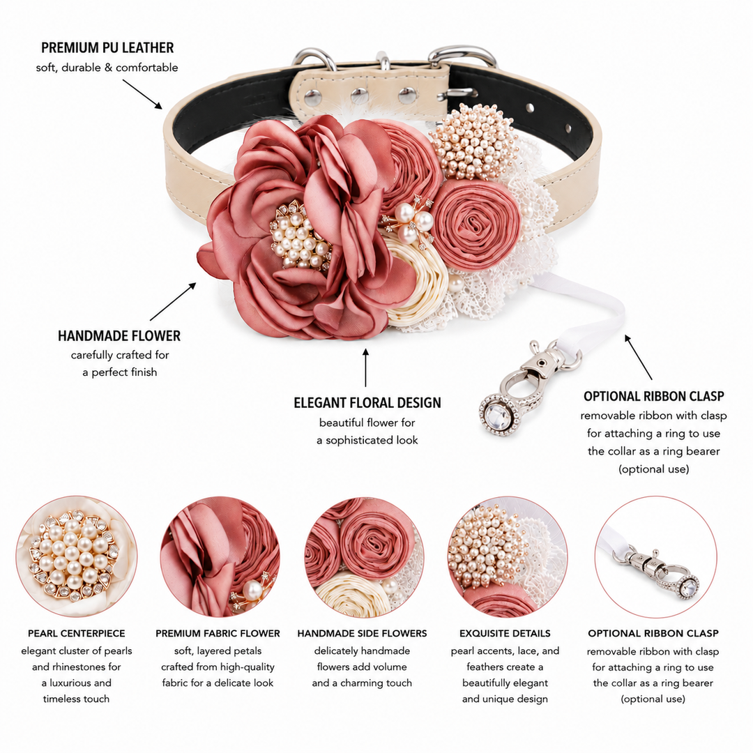Feature guide showing dusty rose floral ring bearer dog collar with pearl details, lace accents, adjustable vegan leather collar, and optional ring holder ribbon.