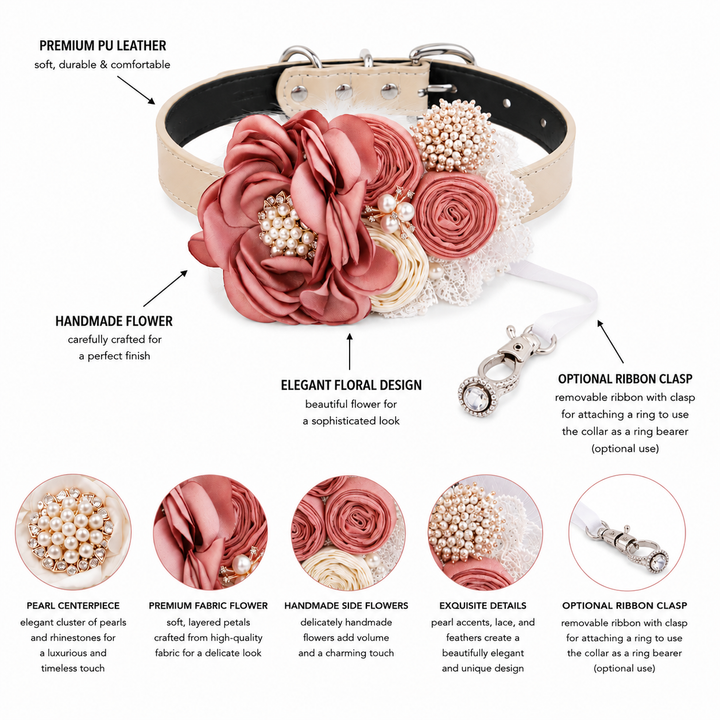 Feature guide showing dusty rose floral ring bearer dog collar with pearl details, lace accents, adjustable vegan leather collar, and optional ring holder ribbon.