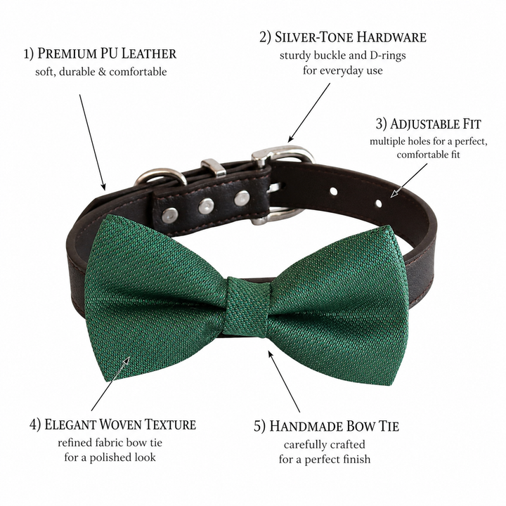Dog bow tie collar feature guide showing emerald green woven fabric bow tie, adjustable vegan leather collar, silver hardware, and handmade craftsmanship