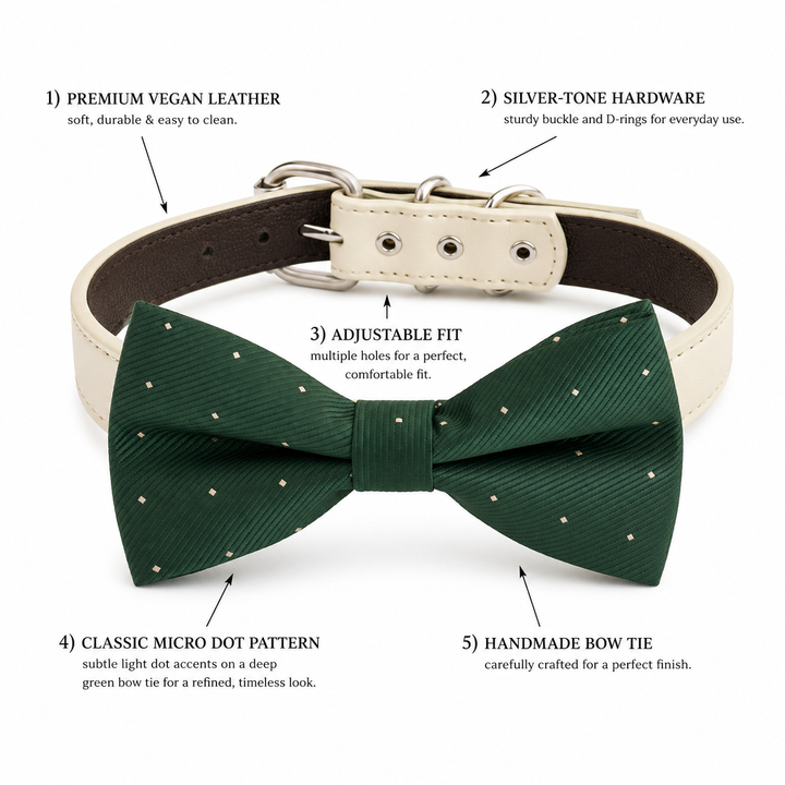 Feature image showing emerald green micro dot satin dog bow tie collar with ivory vegan leather collar, silver-tone hardware, adjustable fit, and handmade craftsmanship