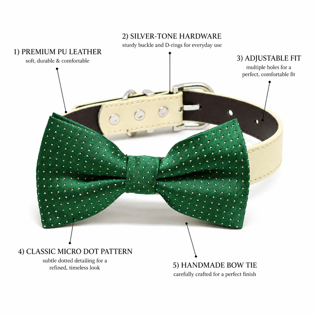 Dog bow tie collar feature guide showing emerald green micro dot fabric bow tie, adjustable vegan leather collar, silver-tone hardware, and handmade craftsmanship