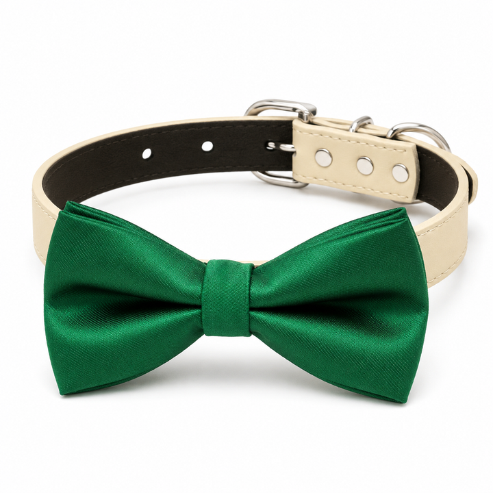Emerald green satin dog bow tie collar with ivory vegan leather collar and silver-tone hardware