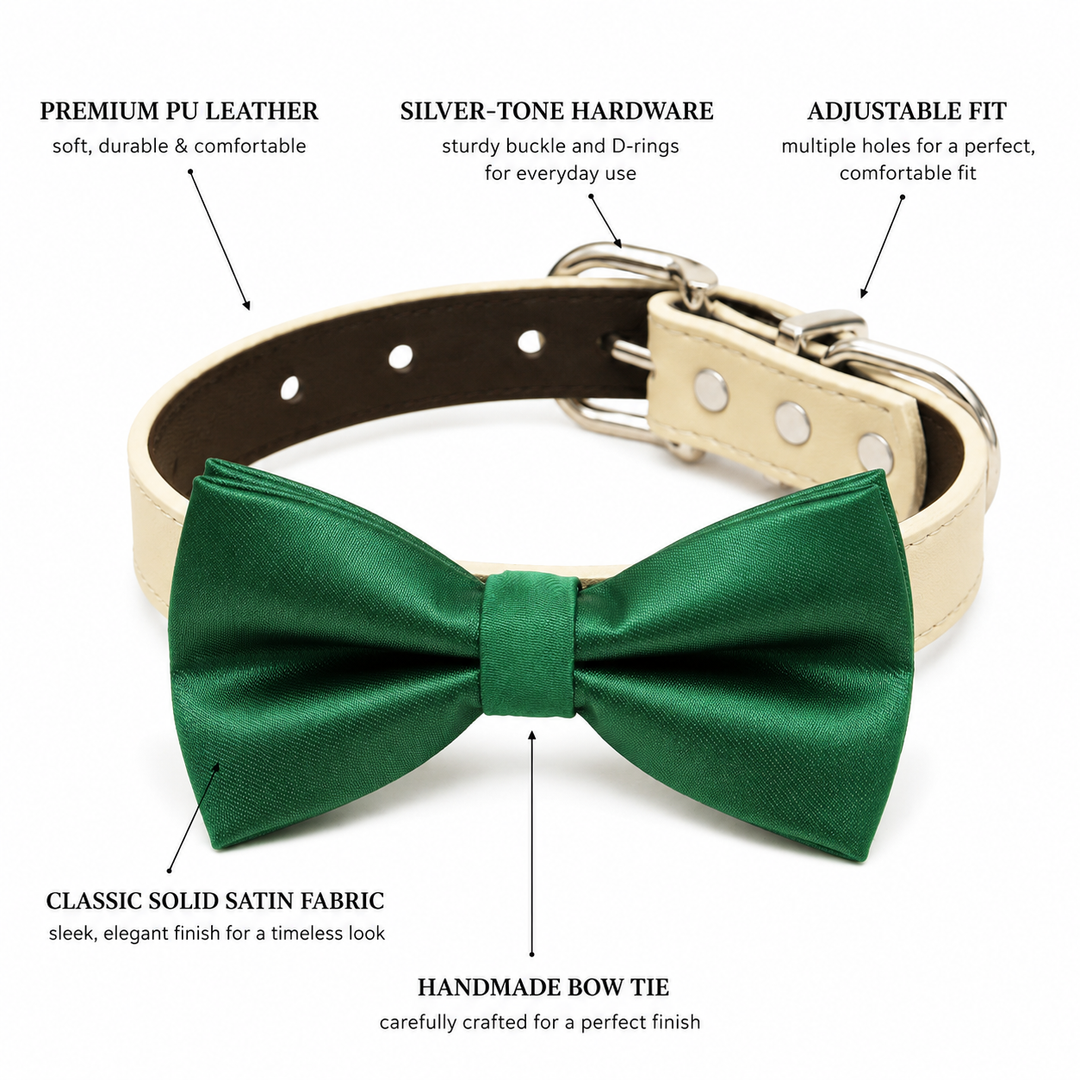 Dog bow tie collar feature guide showing emerald green satin bow tie, adjustable vegan leather collar, silver-tone hardware, and handmade craftsmanship