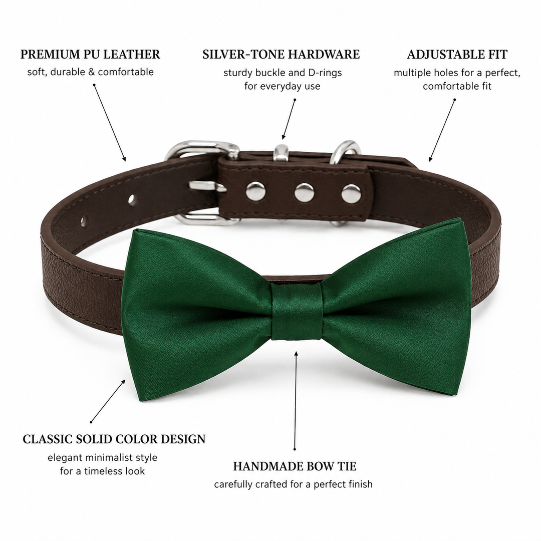 Dog bow tie collar feature guide showing emerald green satin bow tie, adjustable vegan leather collar, silver-tone hardware, and handmade craftsmanship