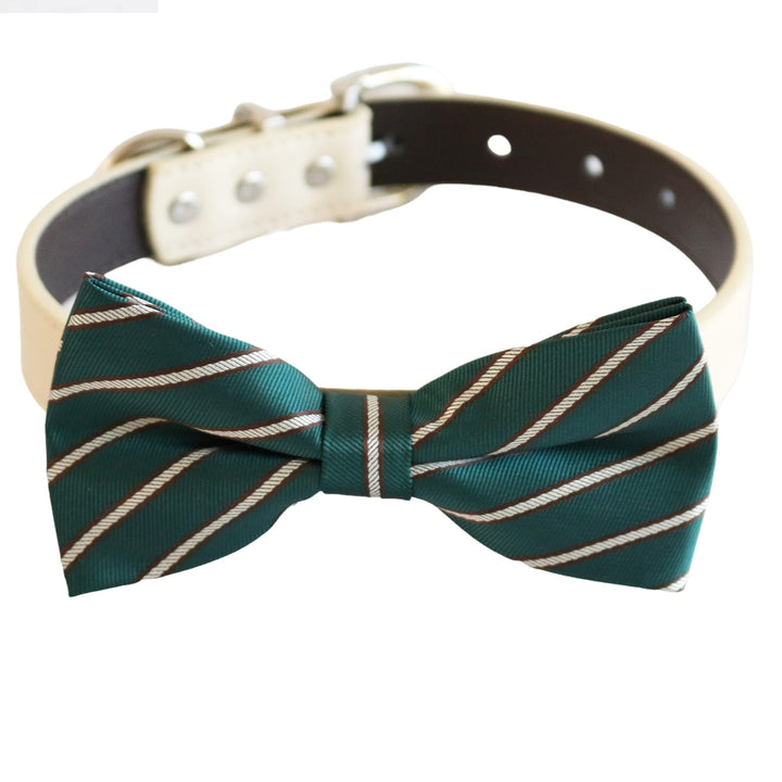 Emerald green striped dog bow tie collar with ivory vegan leather collar and silver-tone hardware