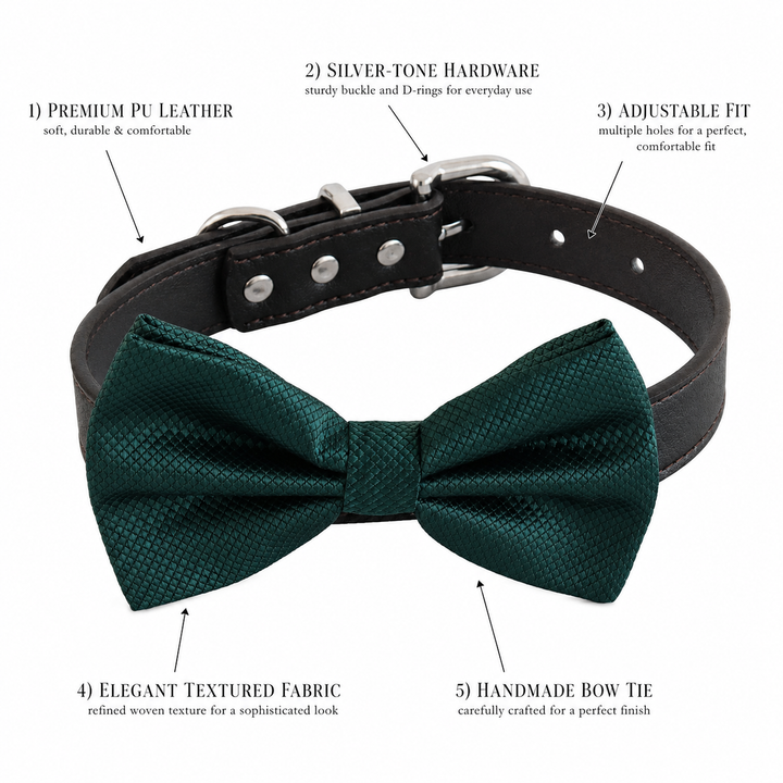 Dog bow tie collar feature guide showing textured emerald green bow tie, adjustable vegan leather collar, silver-tone hardware, and handmade craftsmanship