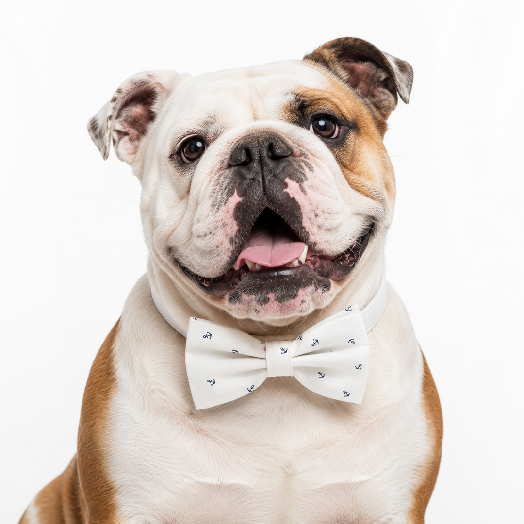 English bulldog wearing a white anchor print dog bow tie collar with white vegan leather collar and nautical-inspired design for special occasions and everyday wear