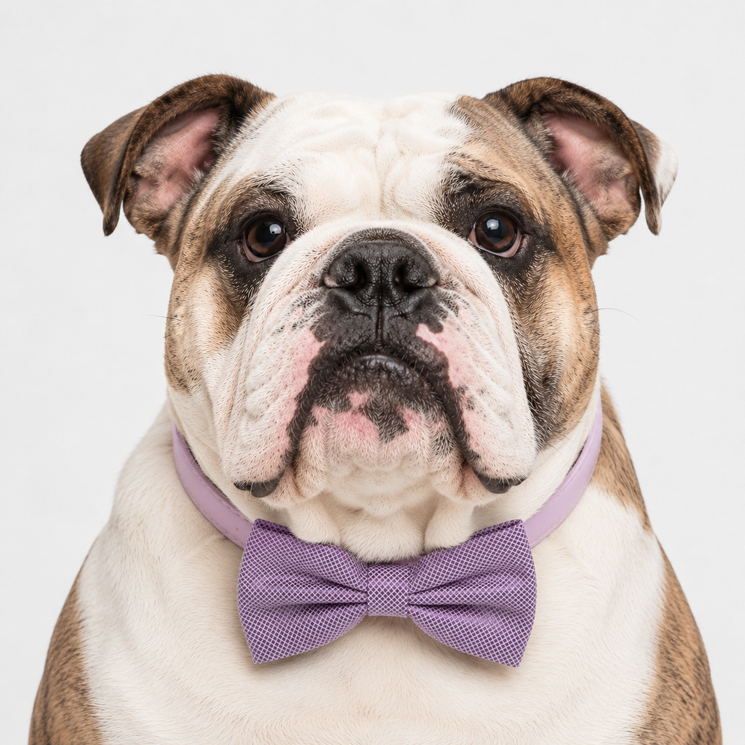 English Bulldog wearing a lavender textured satin dog bow tie collar with matching vegan leather collar and silver-tone hardware