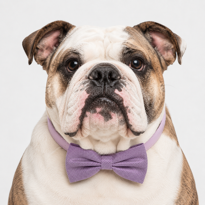 English Bulldog wearing a lavender textured satin dog bow tie collar with matching vegan leather collar and silver-tone hardware