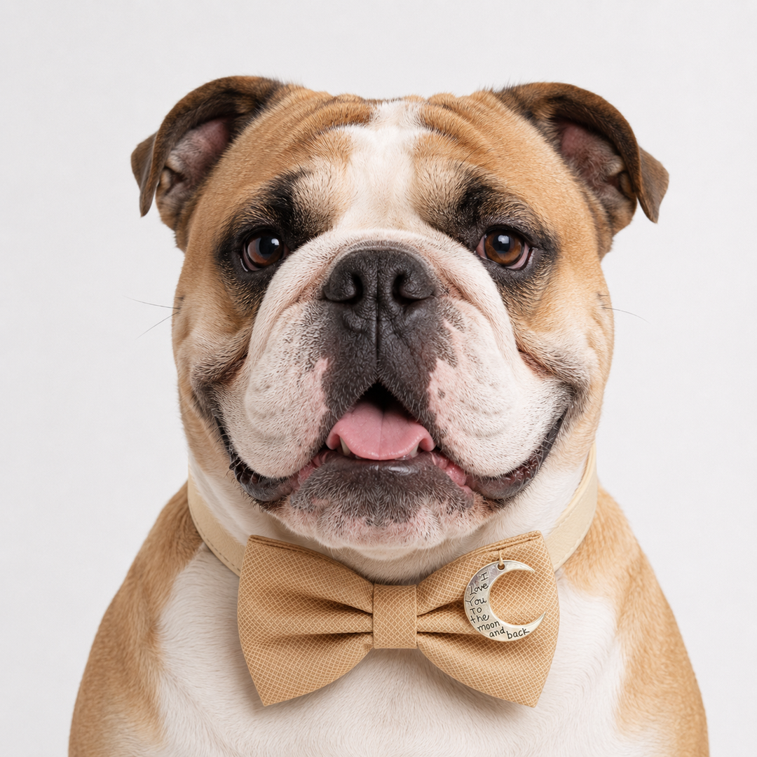 English Bulldog wearing a champagne textured dog bow tie with moon charm and matching collar