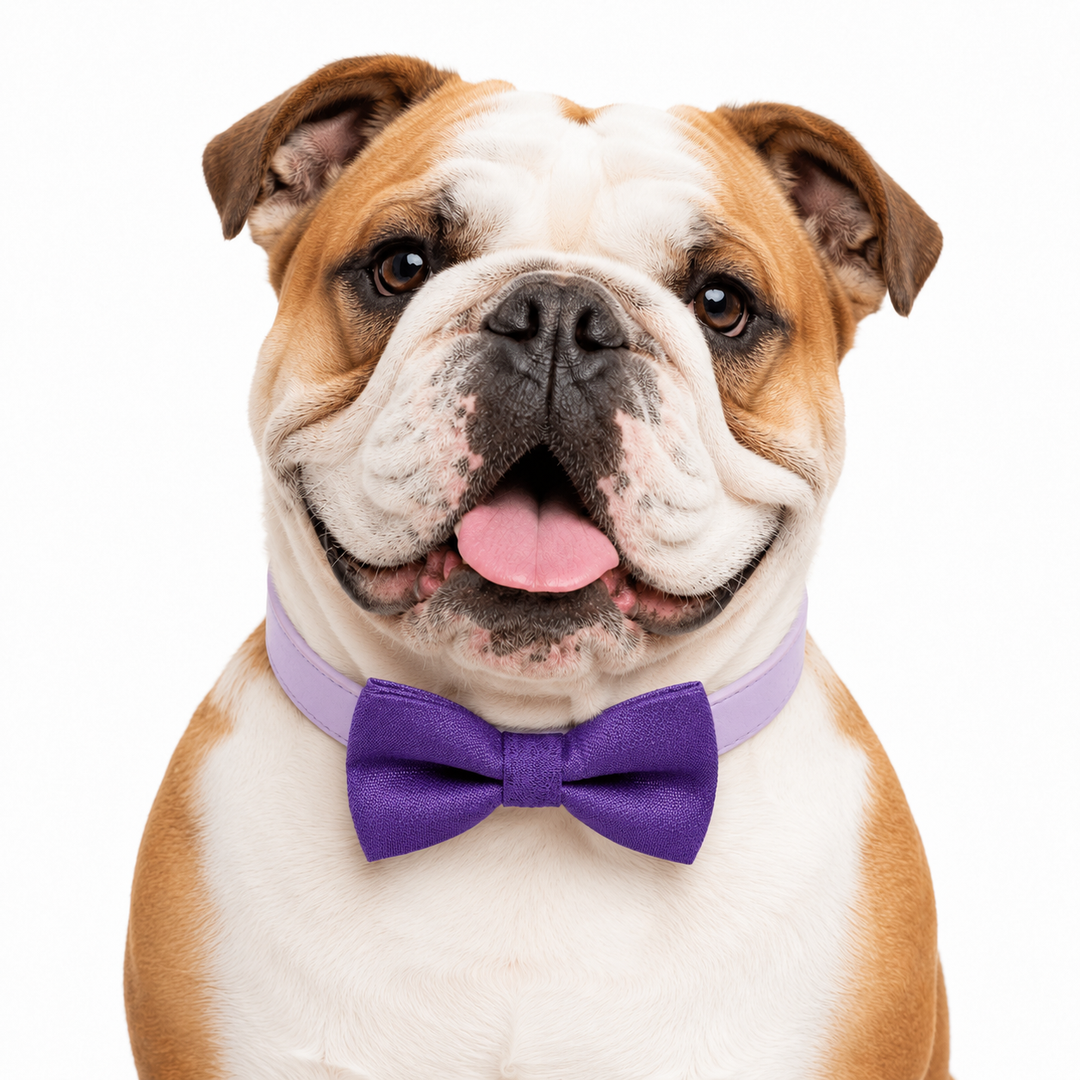 English Bulldog wearing a purple shimmer bow tie collar with lavender vegan leather collar
