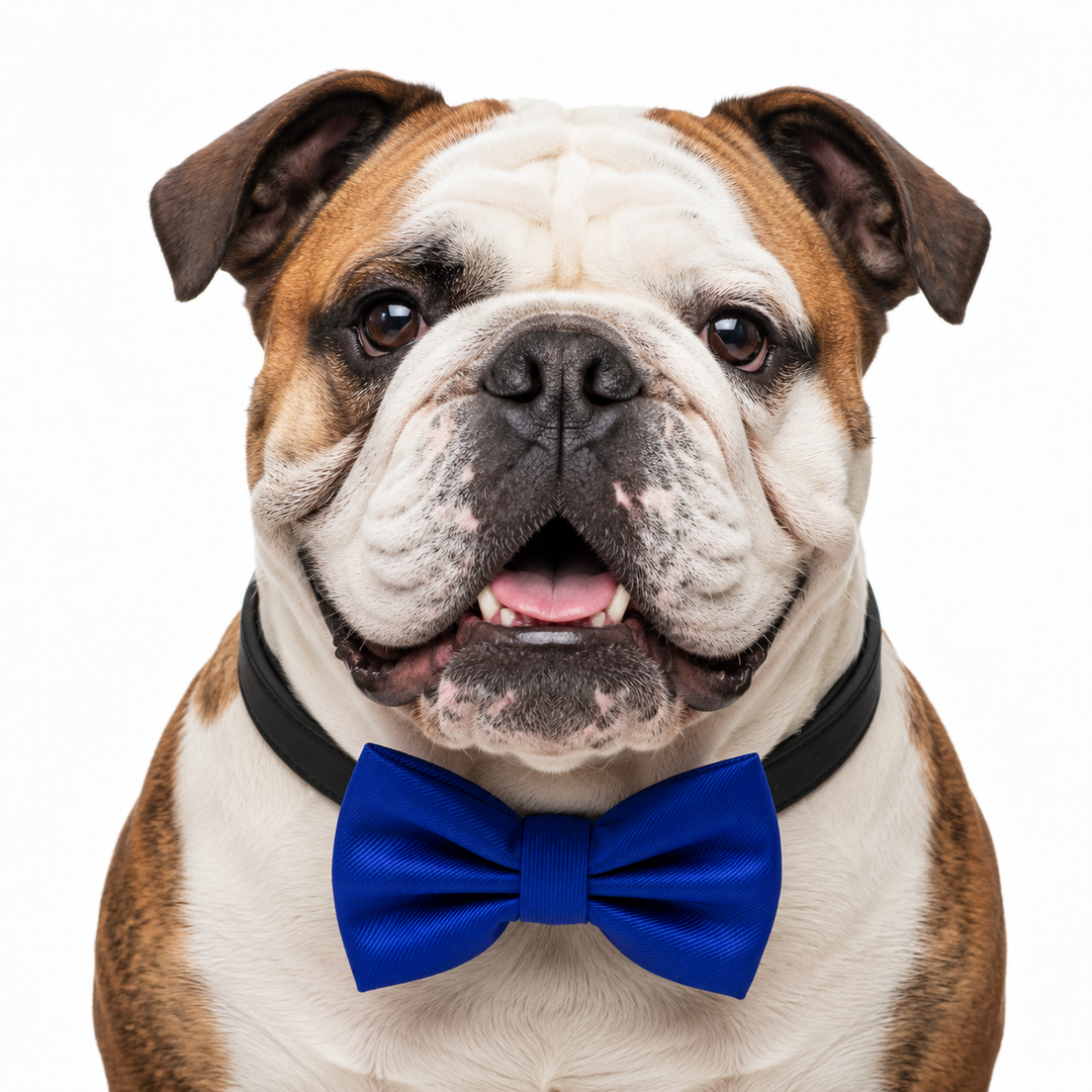 English Bulldog wearing a royal blue solid color bow tie collar with black vegan leather collar