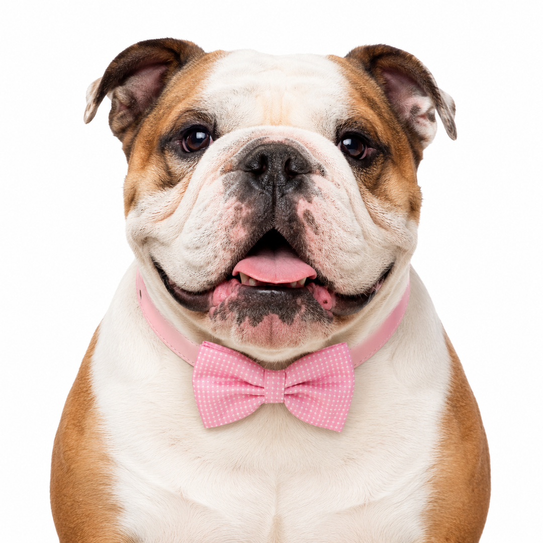 English bulldog wearing a soft pink micro polka dot dog bow tie collar with matching pink vegan leather collar and classic style