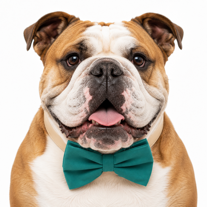 English Bulldog wearing a teal green bow tie collar with ivory vegan leather collar