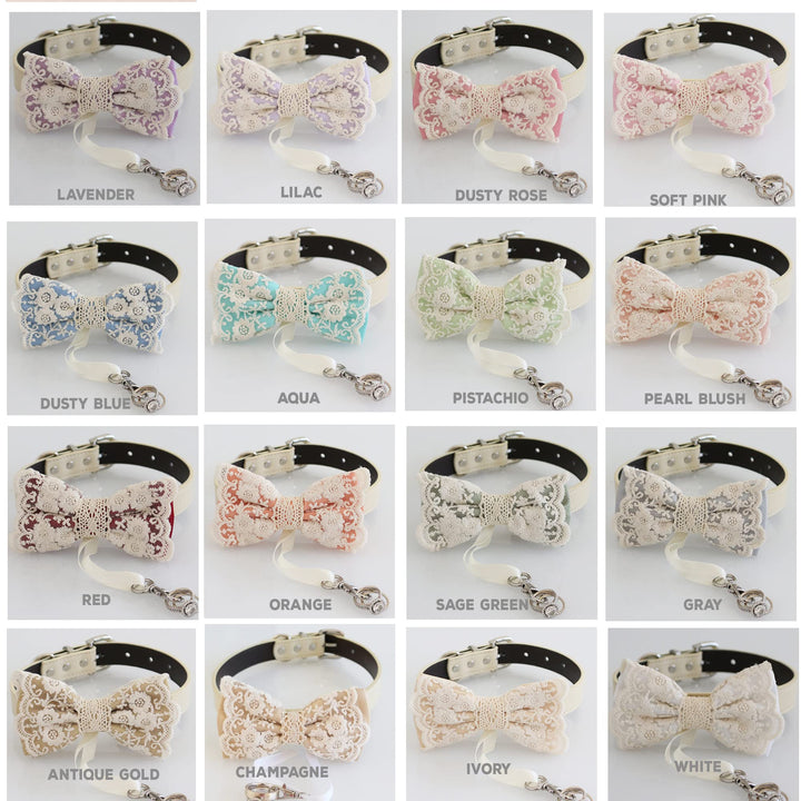 Floral lace ring bearer dog bow tie collar color options guide featuring lavender, lilac, dusty rose, soft pink, dusty blue, aqua, pistachio, pearl blush, red, orange, sage green, gray, antique gold, champagne, ivory, and white