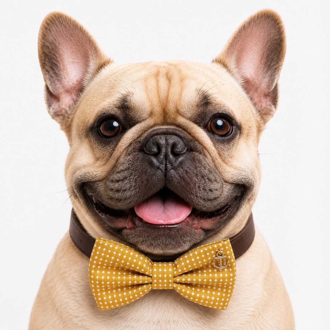 French bulldog wearing a mustard yellow polka dot dog bow tie collar with anchor charm and brown vegan leather collar for everyday style and special occasions