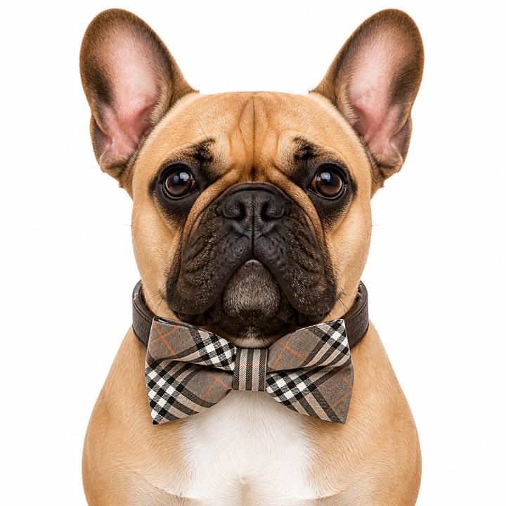French Bulldog wearing a beige plaid dog bow tie collar with brown vegan leather collar for formal occasions and everyday style