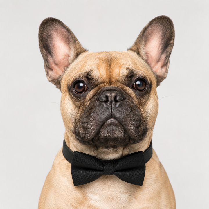 French Bulldog wearing a black herringbone bow tie collar with a black vegan leather collar on a white background
