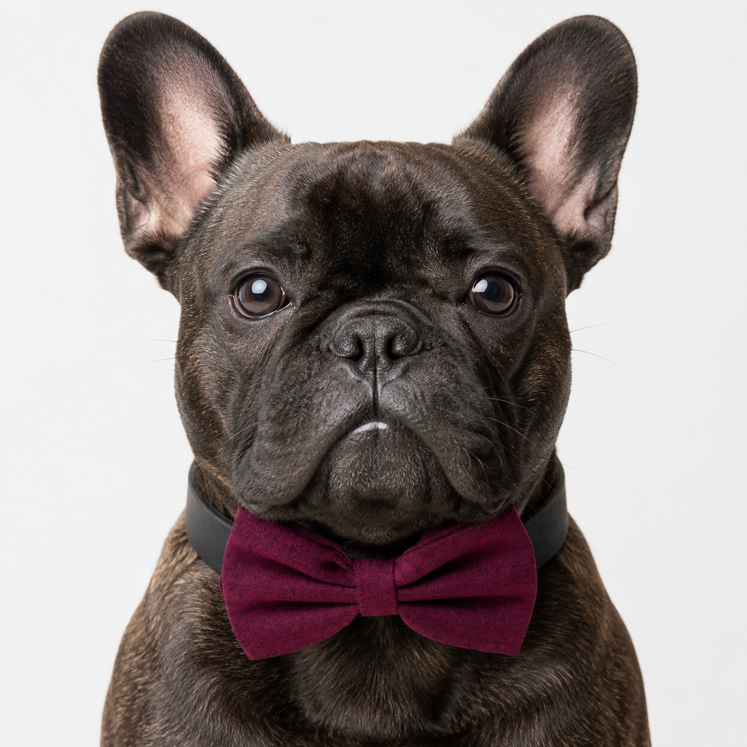 French Bulldog wearing a burgundy bow tie collar with black vegan leather collar and silver-tone hardware