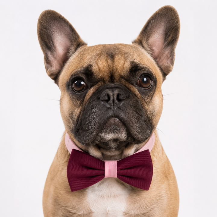 French Bulldog wearing a burgundy dog bow tie collar with pink center band and pink vegan leather collar on a white background
