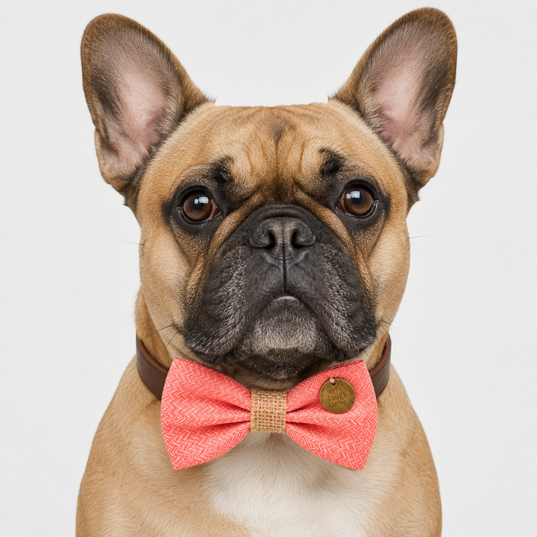 French Bulldog wearing a coral herringbone bow tie collar with decorative charm.