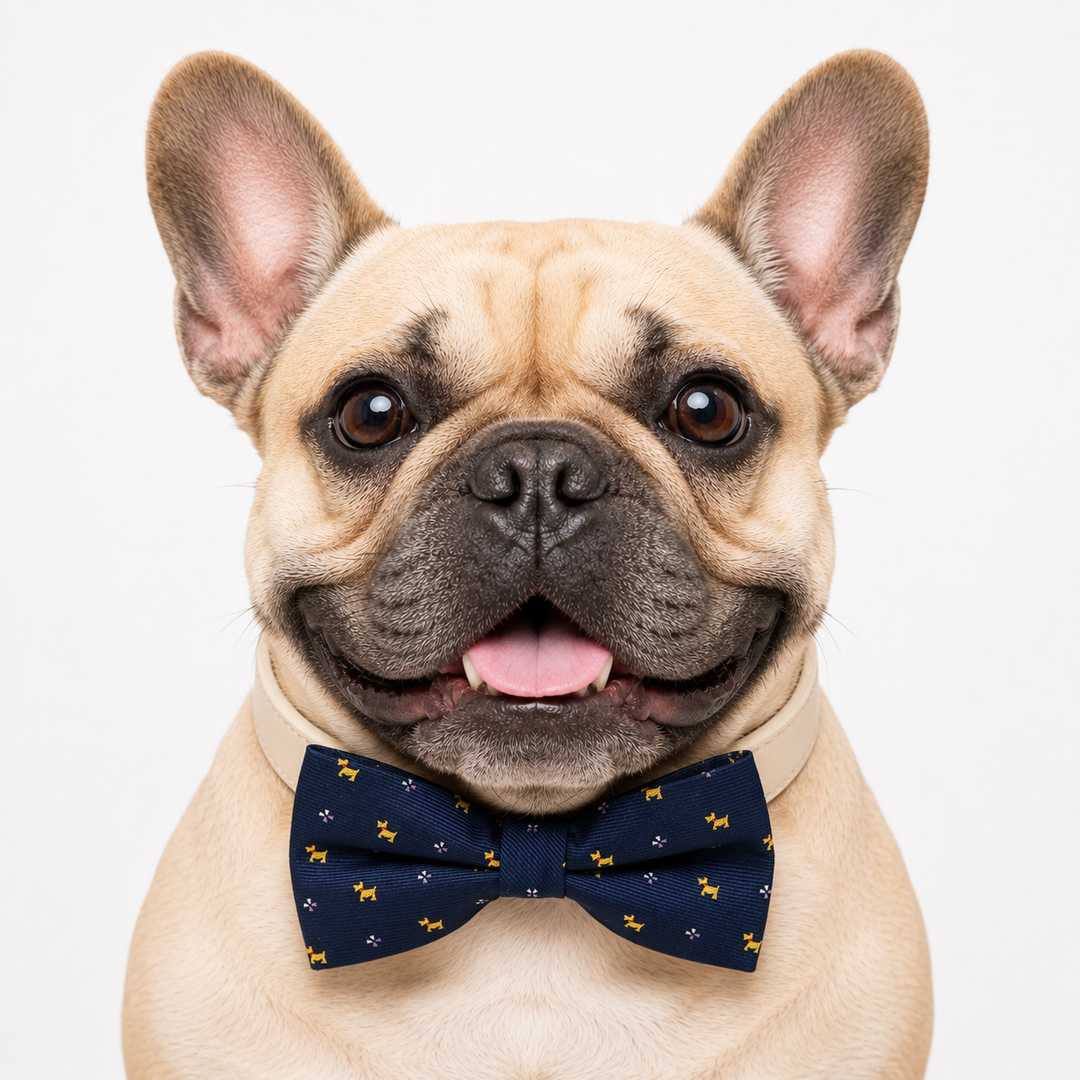 French bulldog wearing a navy blue dog motif bow tie collar with cream vegan leather collar and playful dog print design for everyday wear and special occasions