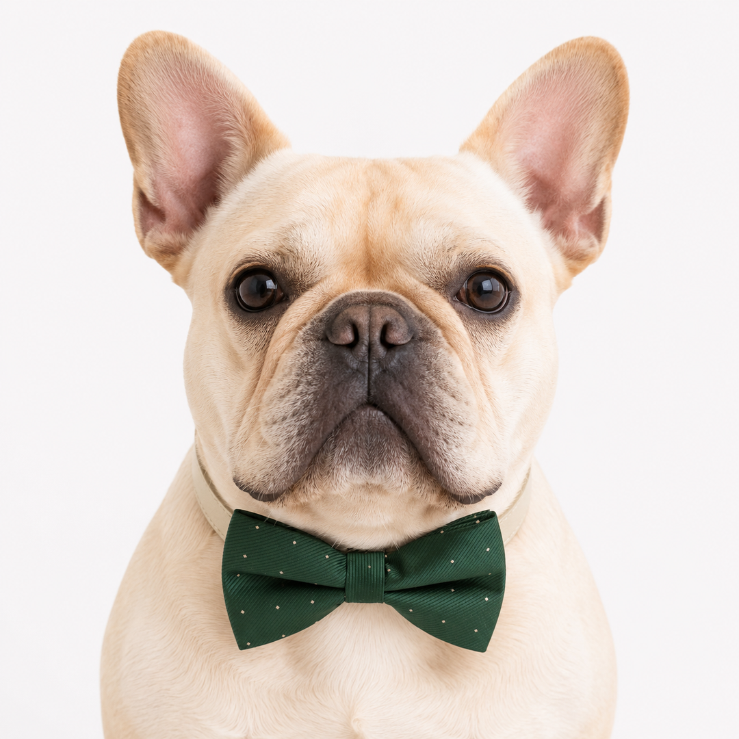 French bulldog wearing an emerald green micro dot satin bow tie collar with ivory vegan leather collar