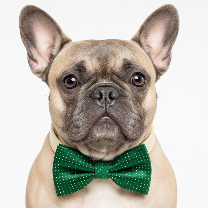French Bulldog wearing an emerald green micro dot dog bow tie collar with cream vegan leather collar for weddings, parties, and formal occasions
