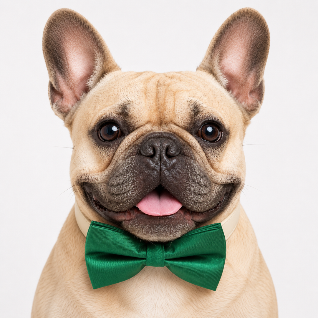 French Bulldog wearing an emerald green satin dog bow tie collar with ivory vegan leather collar for weddings, parties, and formal occasions