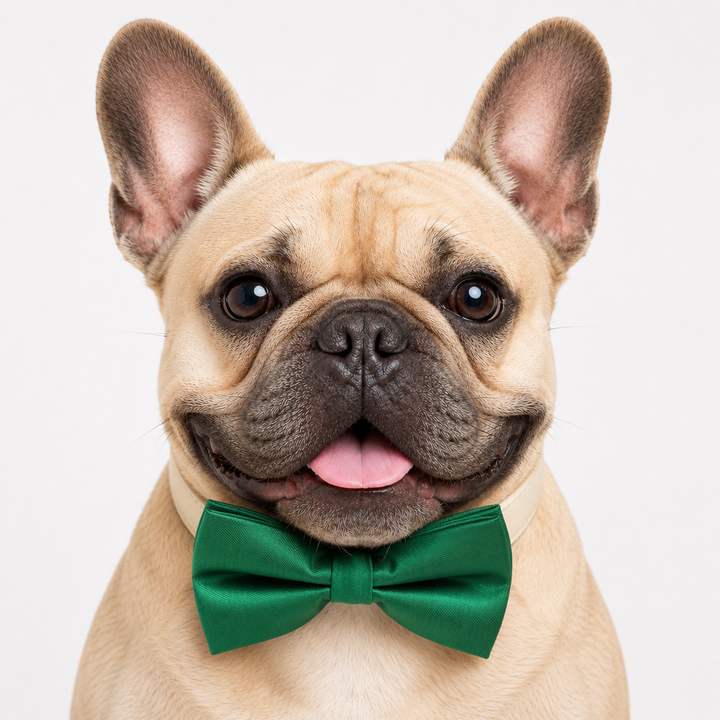 French Bulldog wearing an emerald green satin dog bow tie collar with ivory vegan leather collar for weddings, parties, and formal occasions