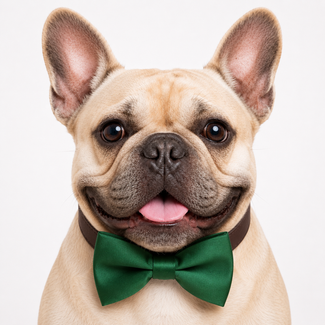 French Bulldog wearing an emerald green solid color dog bow tie collar with dark brown vegan leather collar for weddings, parties, and formal occasions