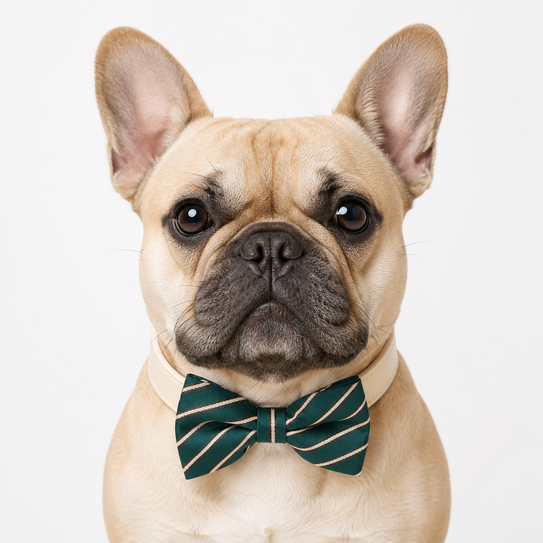 French Bulldog wearing an emerald green striped bow tie collar with ivory vegan leather collar